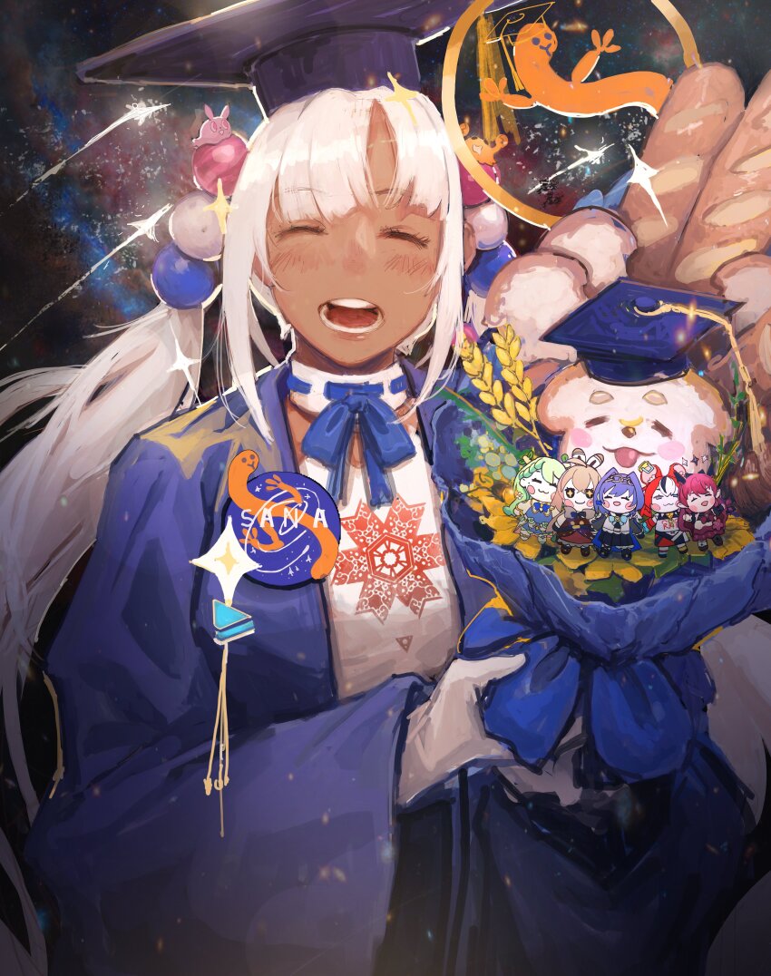 6+girls, :d, ^_^, absurdres, baguette, blonde_hair, blue_cloak, bouquet