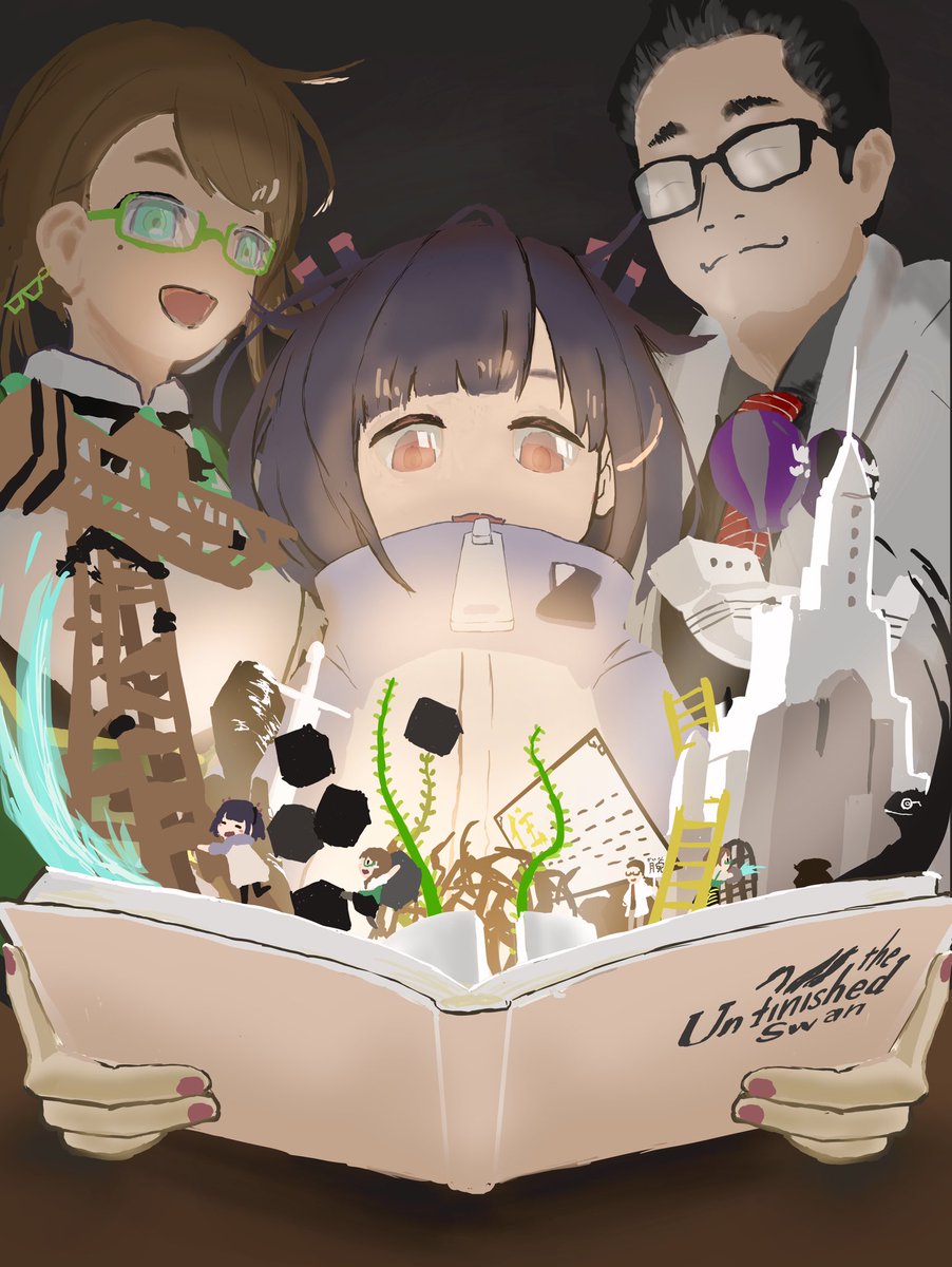 1boy, 2girls, :d, bad_id, bad_twitter_id, black-framed_eyewear, black_hair, blunt_bangs