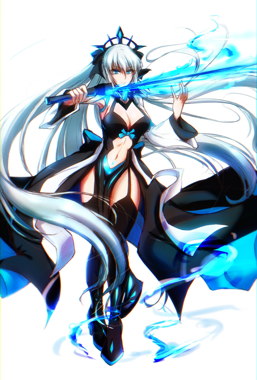 1girl, armpits, black_thighhighs, blue_eyes, boots, breasts, cleavage, clothing_cutout