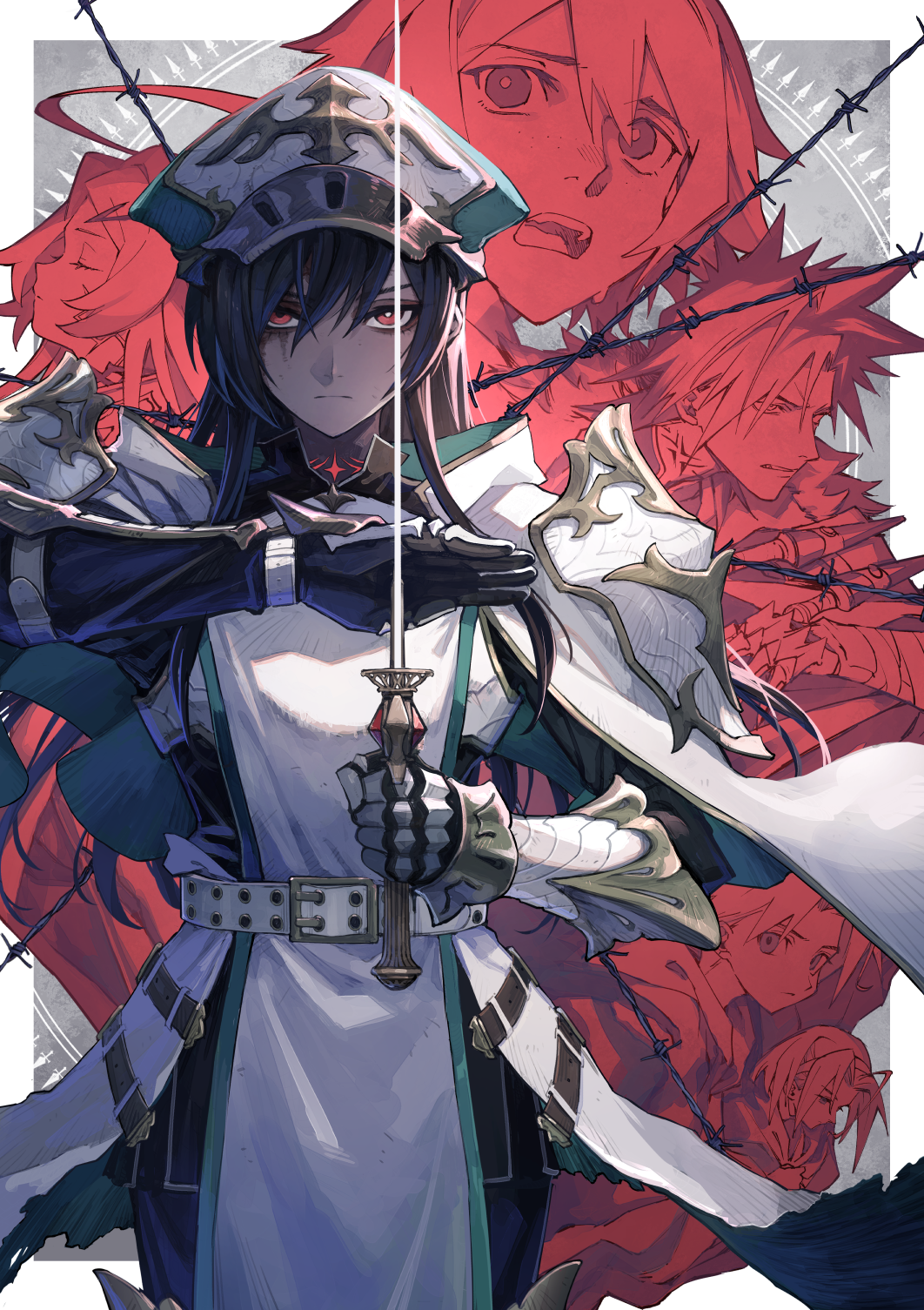 3boys, 3girls, armor, barbed_wire, belt, black_hair, closed_eyes, closed_mouth, gauntlets, hair_between_eyes, hat, highres, holding, holding_weapon, kivia_patausche, long_hair, looking_at_viewer, mephisto_(angraecum), multiple_boys, multiple_girls, official_art, open_mouth, original, rapier, red_eyes, spiked_hair, sword, weapon, yuushakei_ni_shosu