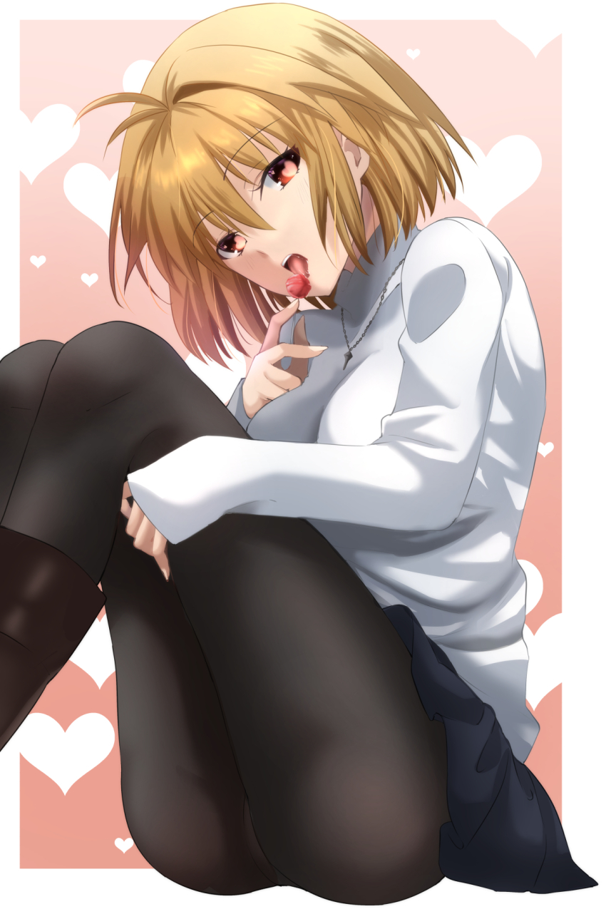 1girl, antenna_hair, arcueid_brunestud, ass, black_pantyhose, black_skirt, blonde_hair, boots