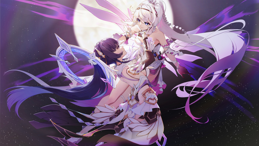 2girls, absurdres, backless_outfit, blue_eyes, blue_hair, breasts, full_moon, highres, honkai_(series), honkai_impact_3rd, kiana_kaslana, kiana_kaslana_(herrscher_of_finality), large_breasts, long_hair, looking_at_another, medium_breasts, moon, multiple_girls, qingshimangxue, raiden_mei, raiden_mei_(herrscher_of_origin), sideboob, sky, star_(sky), starry_sky, tagme, very_long_hair, white_hair