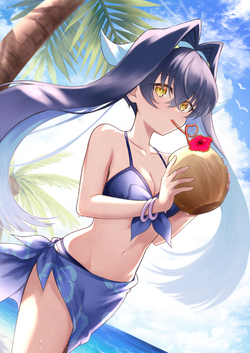 1girl, accessories, bare_arms, bare_shoulders, beach, bikini, bikini_top_only, black_hair, blue_bikini, blue_sarong, blue_sky, blush, breasts, cup, cygames, drinking_straw, drinking_straw_in_mouth, flower, hair_between_eyes, hair_ribbon, highres, holding, holding_cup, long_bangs, long_hair, medium_breasts, miki_shinobu_(shadowverse_flame), navel, ocean, palm_tree, ribbon, riku_son, sarong, shadowverse, shadowverse_(anime), shadowverse_flame, sky, swimsuit, thighs, tree, yellow_eyes