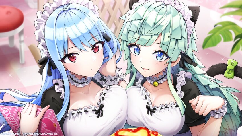 2girls, animal_ears, blue_eyes, blue_hair, bow, breast_press, breasts, choker