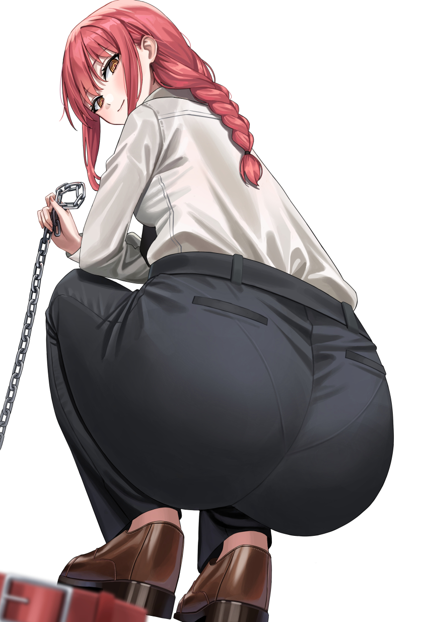 1girl, absurdres, ass, black_pants, blush, braid, braided_ponytail, brown_shoes