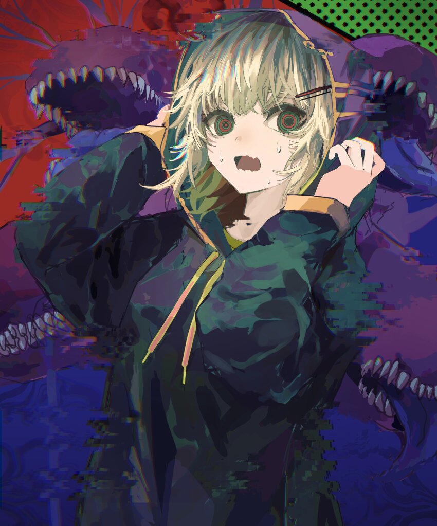 1girl, absurdres, blonde_hair, drawstring, glitch, green_eyes, hair_ornament, hairclip