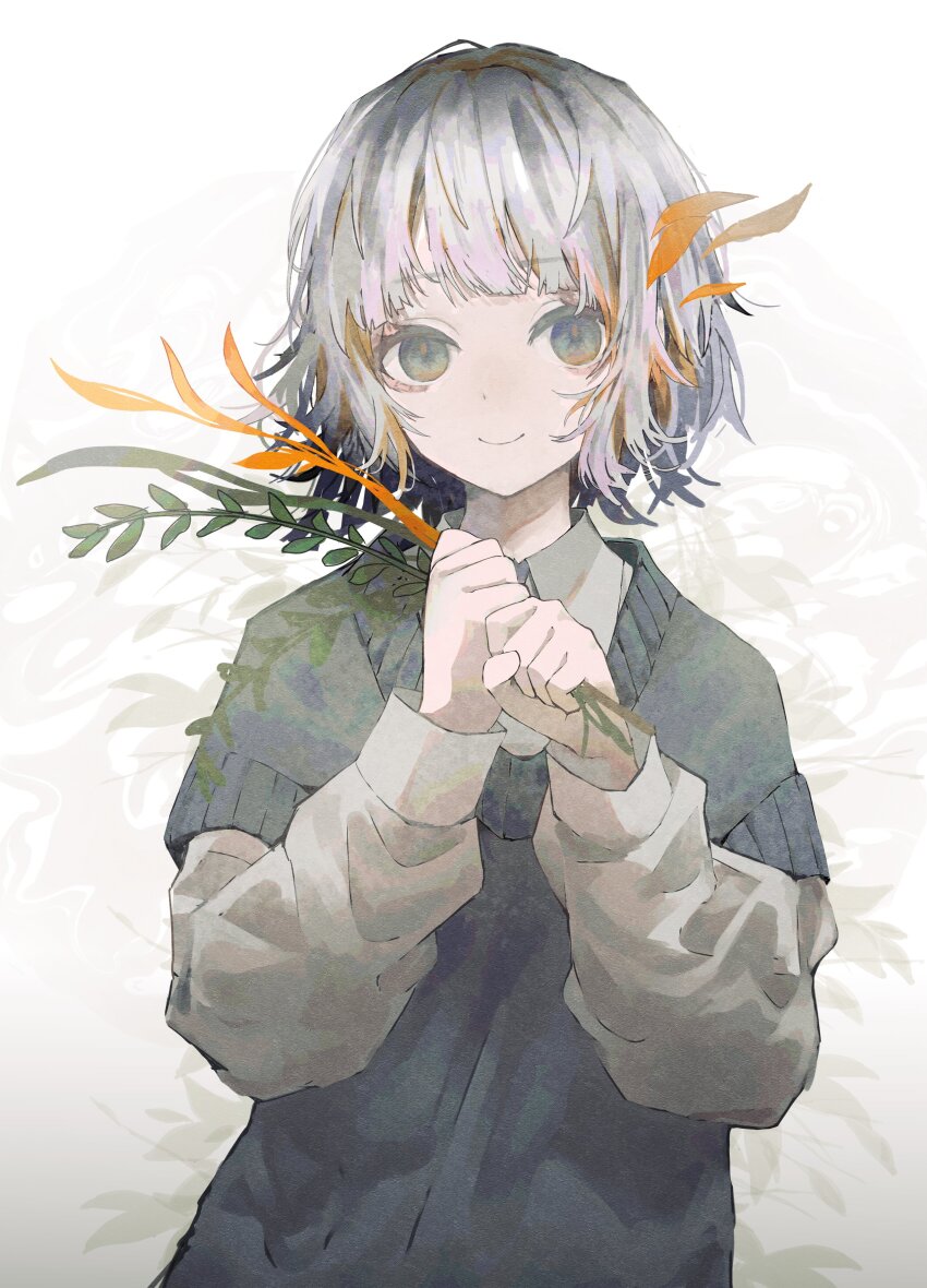 1girl, absurdres, closed_mouth, grey_eyes, grey_hair, grey_sweater, hidariri, highres