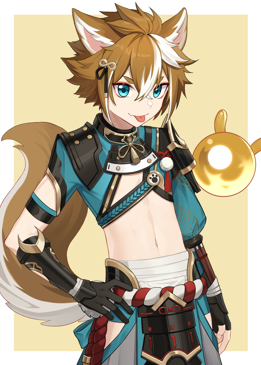 1boy, absurdres, animal_ears, armor, blue_eyes, crop_top, dog_boy, dog_ears, dog_tail, fingerless_gloves, fingernails, genshin_impact, gloves, gorou_(genshin_impact), hair_between_eyes, hair_ornament, hand_on_own_hip, highres, igote, japanese_armor, male_focus, multicolored_hair, navel, paw_print, reizu, seelie_(genshin_impact), single_fingerless_glove, streaked_hair, tail, tongue, tongue_out, white_hair