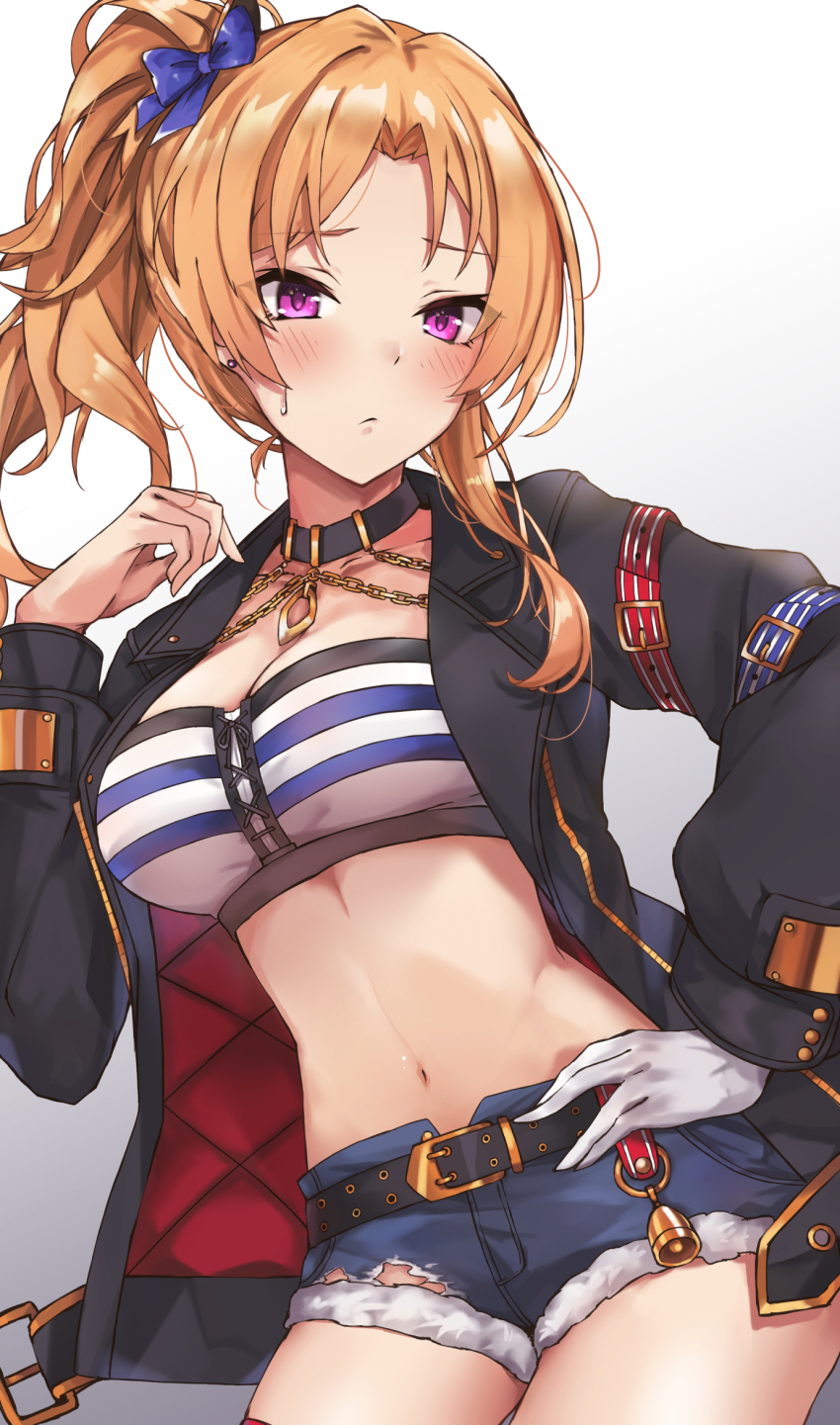 1girl, bandeau, black_choker, black_jacket, blonde_hair, blue_bow, blush, bow, breasts, choker, cleavage, commentary_request, cosplay, cowboy_shot, cutoffs, denim, denim_shorts, gloves, gold_city_(umamusume), gold_city_(umamusume)_(cosplay), gradient_background, grey_background, hair_bow, hand_on_own_hip, hand_up, hasumushi, highres, idolmaster, idolmaster_cinderella_girls, jacket, kiryu_tsukasa_(idolmaster), large_breasts, long_hair, long_sleeves, looking_at_viewer, midriff, navel, open_clothes, open_jacket, ponytail, purple_eyes, short_shorts, shorts, single_glove, solo, stomach, strapless, striped_bandeau, thighs, tube_top, umamusume, white_background, white_gloves