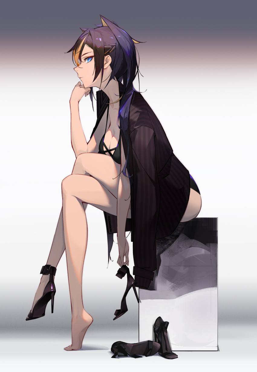 1girl, absurdres, animal_ears, black_bra, black_hair, black_jacket, black_panties, blazer, blue_eyes, bra, breasts, cleavage, crossed_legs, dark-skinned_female, dark_skin, dehya_(genshin_impact), elbow_rest, from_side, full_body, genshin_impact, heitian_keji, high_heels, highres, jacket, jacket_on_shoulders, large_breasts, multicolored_hair, no_pants, panties, shoes, unworn_shoes, single_shoe, sitting, solo, streaked_hair, tan, thighs, tiptoes, underwear