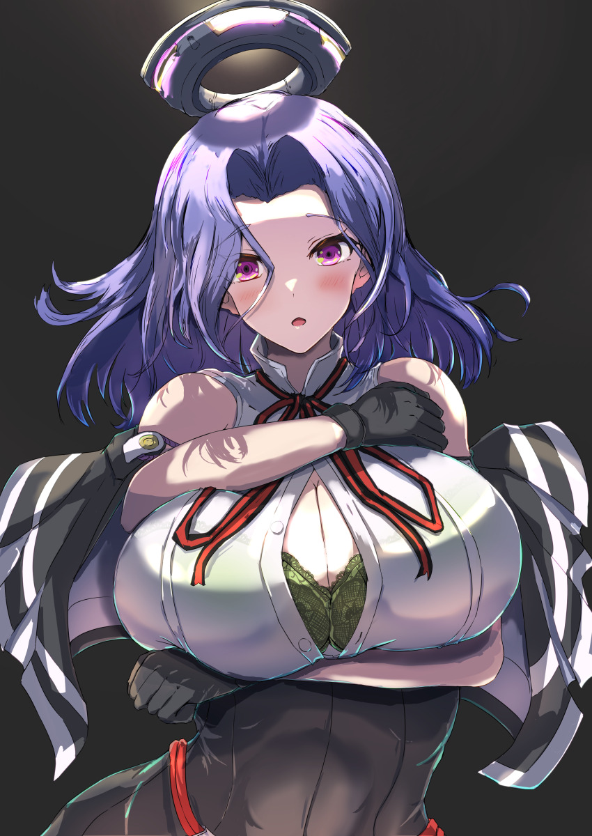 1girl, absurdres, black_capelet, black_gloves, bra, breasts, button_gap, capelet