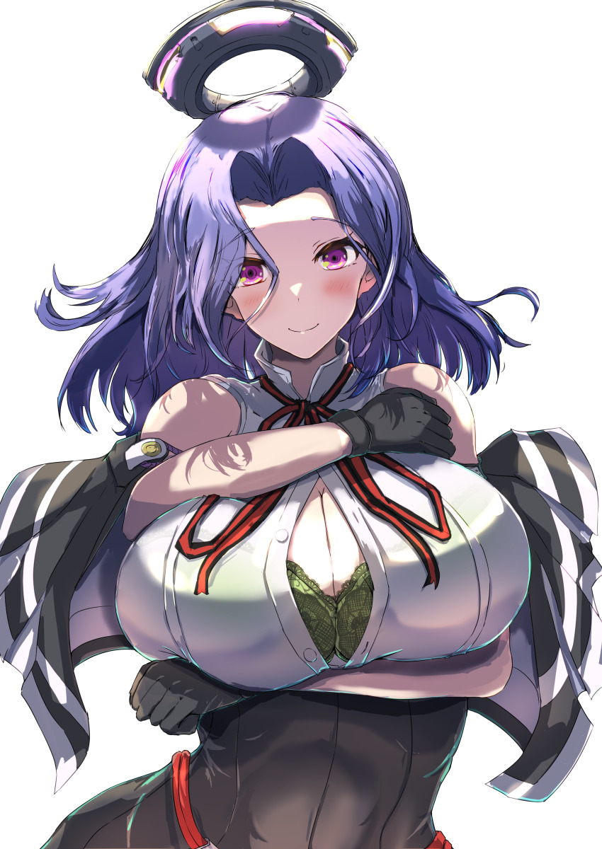 1girl, absurdres, black_capelet, black_gloves, bra, breasts, button_gap, capelet