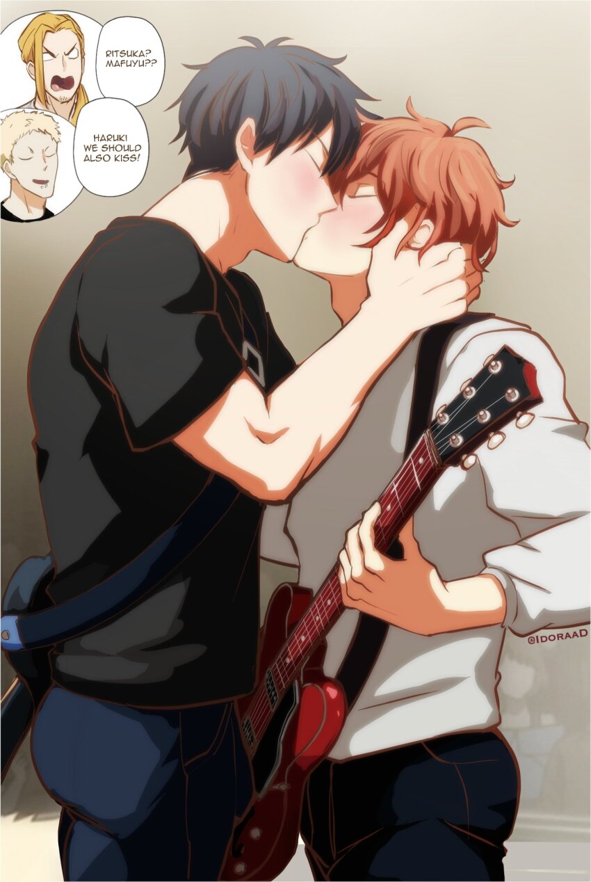 black_hair, black_shirt, blush, closed_eyes, denim, english_text, given, guitar, highres, idoraad, instrument, jeans, kaji_akihiko, kiss, nakayama_haruki, neck_grab, pants, red_hair, satou_mafuyu, shirt, sweater, uenoyama_ritsuka, white_sweater, yaoi
