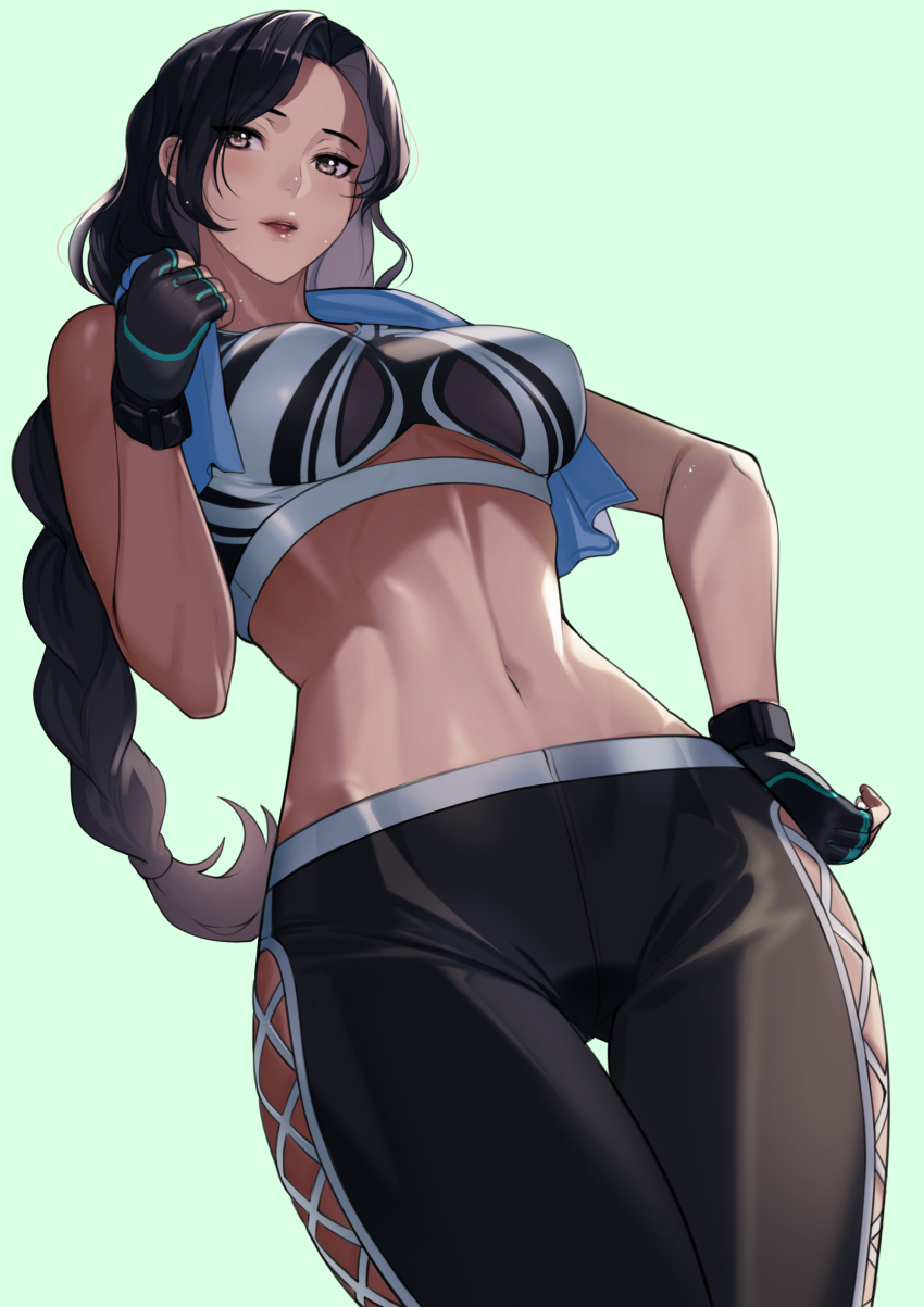 1girl, :d, absurdres, armpits, bare_shoulders, black_pants, breasts, brown_hair, cleavage, collarbone, commentary_request, fingerless_gloves, fitness_boxing, gloves, hand_on_own_head, highres, kagematsuri, large_breasts, laura_(fitness_boxing), long_hair, looking_at_viewer, low-tied_long_hair, midriff, navel, open_mouth, pants, smile, solo, sports_bra, stomach, striped_background, sweat, sweatdrop, tan, toned, towel, towel_around_neck, yellow_eyes