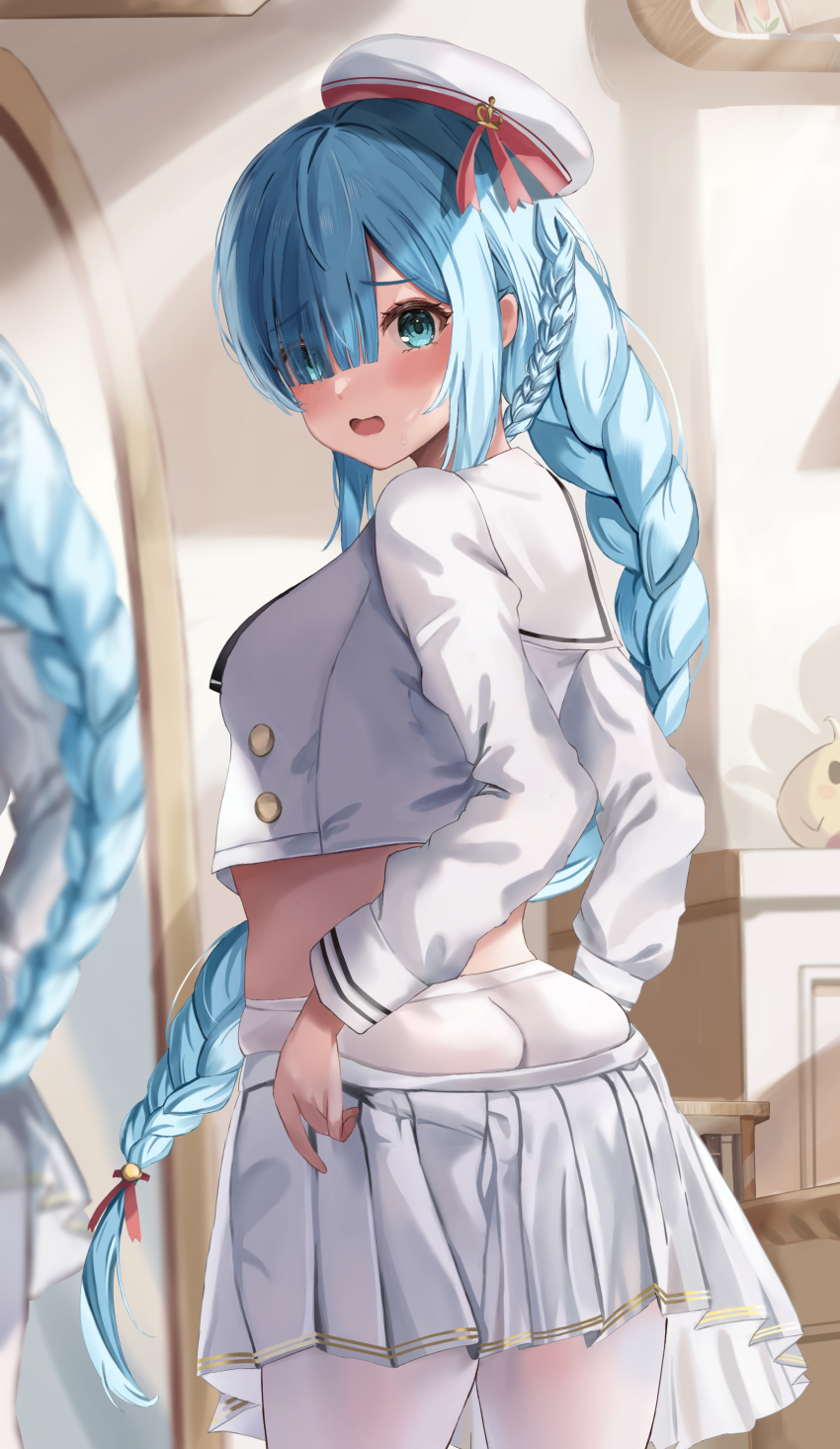 1girl, absurdres, azur_lane, beret, blue_eyes, blue_hair, blush, braid, braided_ponytail, commentary_request, crop_top, dressing, from_behind, hat, highres, janus_(azur_lane), janus_(fear_of_changing...clothes)_(azur_lane), long_hair, long_sleeves, looking_at_viewer, mirror, official_alternate_costume, open_mouth, pantyhose, partial_commentary, pleated_skirt, sailor_collar, school_uniform, serafuku, shirt, sidelocks, skirt, solo, sweatdrop, watage_tanpopo, white_hat, white_pantyhose, white_sailor_collar, white_serafuku, white_shirt, white_skirt