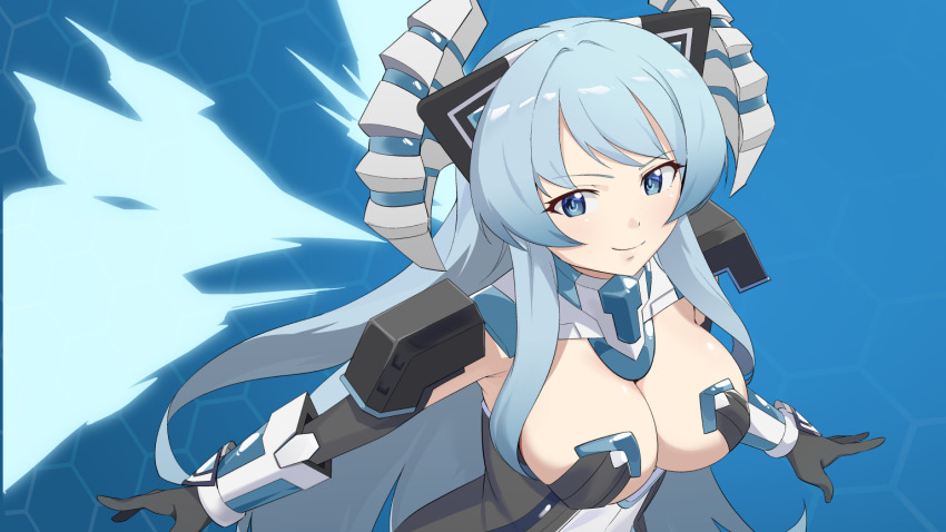 1girl, armor, blue_eyes, blue_hair, breasts, cleavage, commentary_request, detached_collar