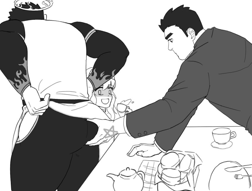 1girl, 2boys, adam22's_ass_grab_(meme), alternate_costume, ass, bodysuit, character_request, clothing_cutout