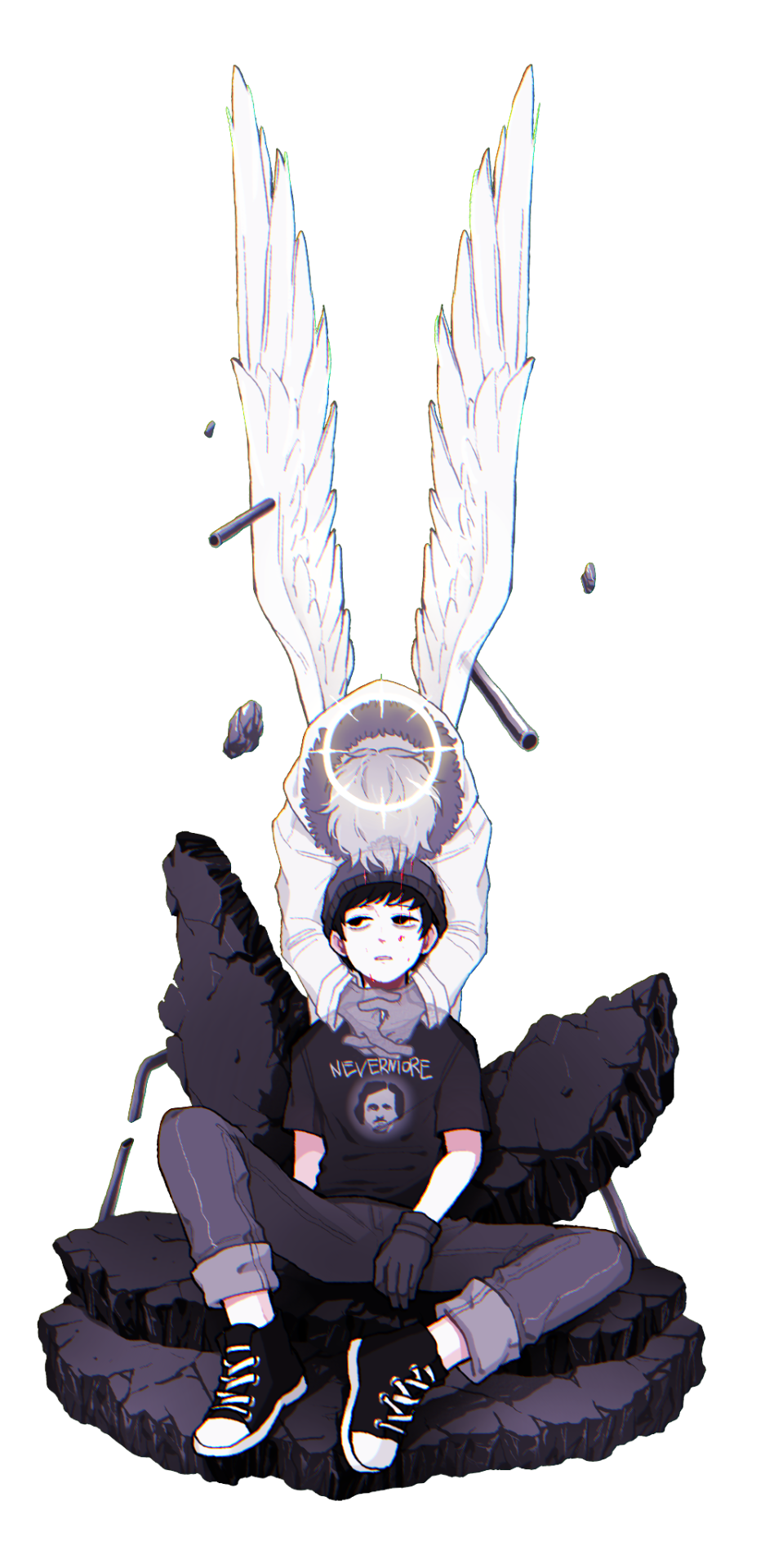 2boys, angel_wings, animification, beanie, black_gloves, black_hair, blood, child, gloves, goth_fashion, gummybear2379, halo, hat, highres, kenny_mccormick, male_focus, multiple_boys, pants, parted_lips, shirt, shoes, short_sleeves, sitting, sneakers, south_park, stan_marsh, transparent_background, wings, yaoi