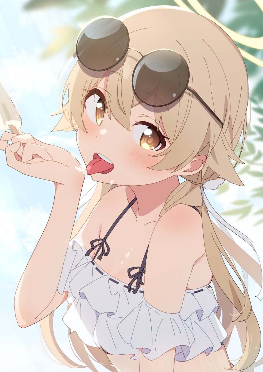 1girl, absurdres, bikini, blue_archive, breasts, eyewear_on_head, food, frilled_bikini