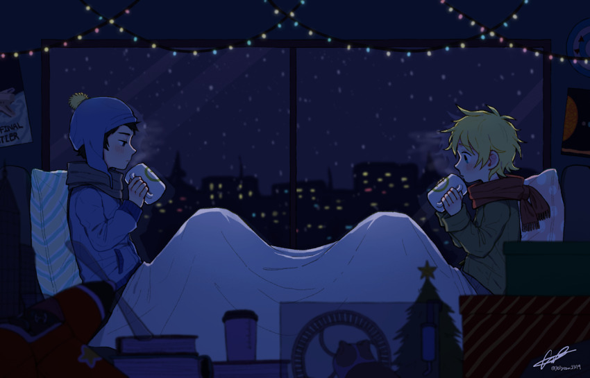 2boys, black_hair, blanket, blonde_hair, blue_headwear, blush, child, christmas_lights, craig_tucker, cup, gummybear2379, hat, holding, holding_cup, long_sleeves, male_focus, multiple_boys, night, pillow, poster_(object), scarf, sky, south_park, star_(sky), starry_sky, tweek_tweak, yaoi