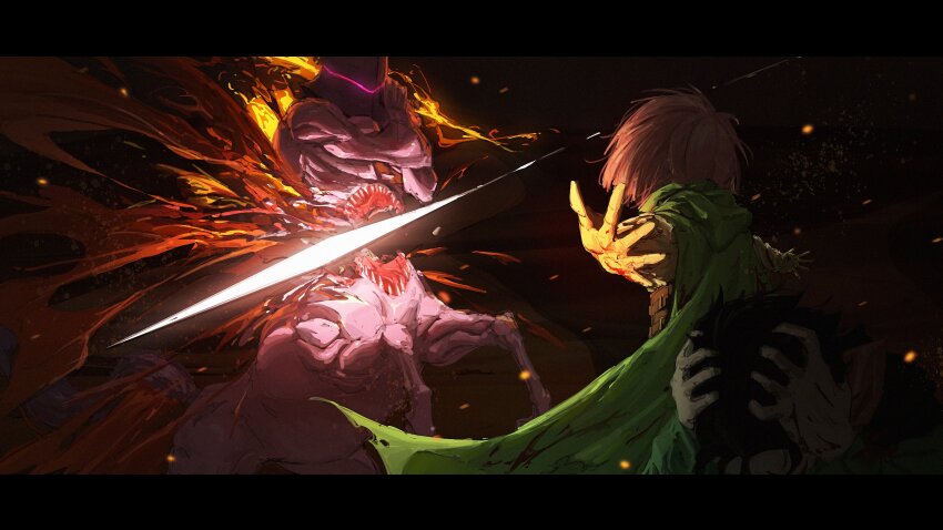 1boy, 1girl, black_hair, blood, blood_splatter, cape, cave, hands_on_own_head