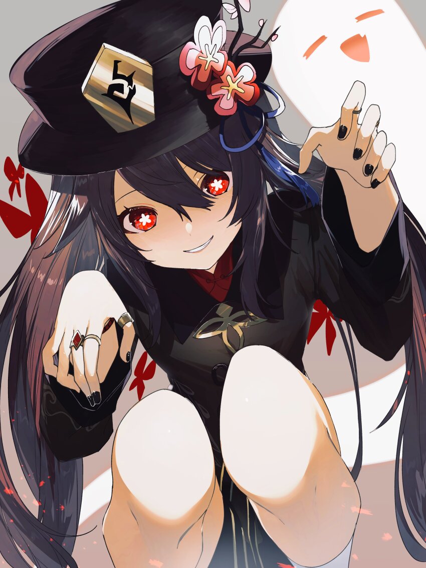 1girl, absurdres, black_coat, black_hat, black_nails, black_shorts, blue_ribbon, boo_tao_(genshin_impact)