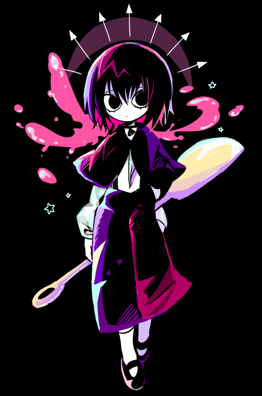 1other, androgynous, black_capelet, black_eyes, black_hair, black_pants, black_shoes, capelet, catt_(project_moon), closed_mouth, colored_skin, commentary_request, full_body, hatosabure, highres, holding, holding_spoon, long_sleeves, mary_janes, no_nose, other_focus, oversized_object, pants, project_moon, shirt, shoes, short_hair, socks, solo, spoon, white_shirt, white_skin, white_socks, wonderlab