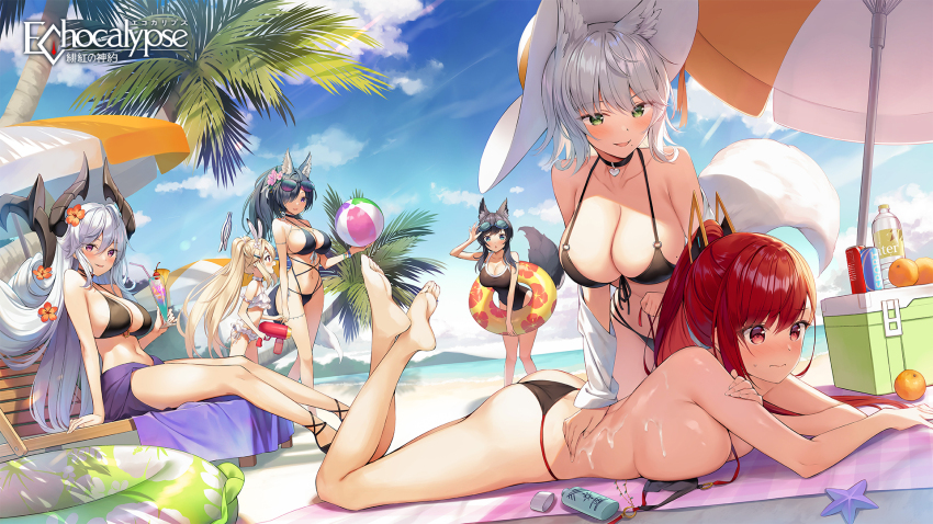 6+girls, adjusting_eyewear, aiken_(echocalypse), animal_ear_fluff, ball, beach, beach_chair, beach_towel