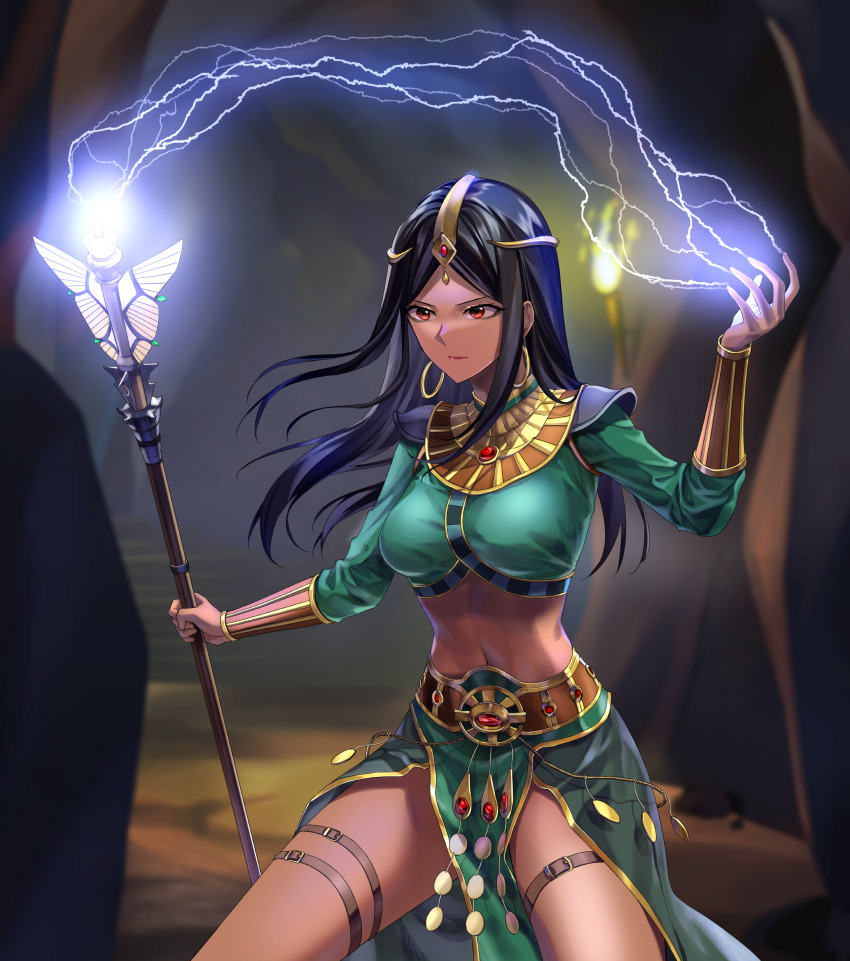 1girl, absurdres, black_hair, breasts, buckle, commission, cropped_shirt, diablo, diablo_(series), diablo_2, earrings, electricity, floating_hair, gem, green_shirt, green_skirt, headpiece, highres, holding, holding_staff, isendra_(diablo), jewelry, long_hair, long_sleeves, magic, medium_breasts, midriff, navel, parted_bangs, pelvic_curtain, pixiv_commission, red_eyes, red_gem, shirt, skirt, solo, sorceress_(diablo_2), staff, standing, stomach, suprii, thigh_strap