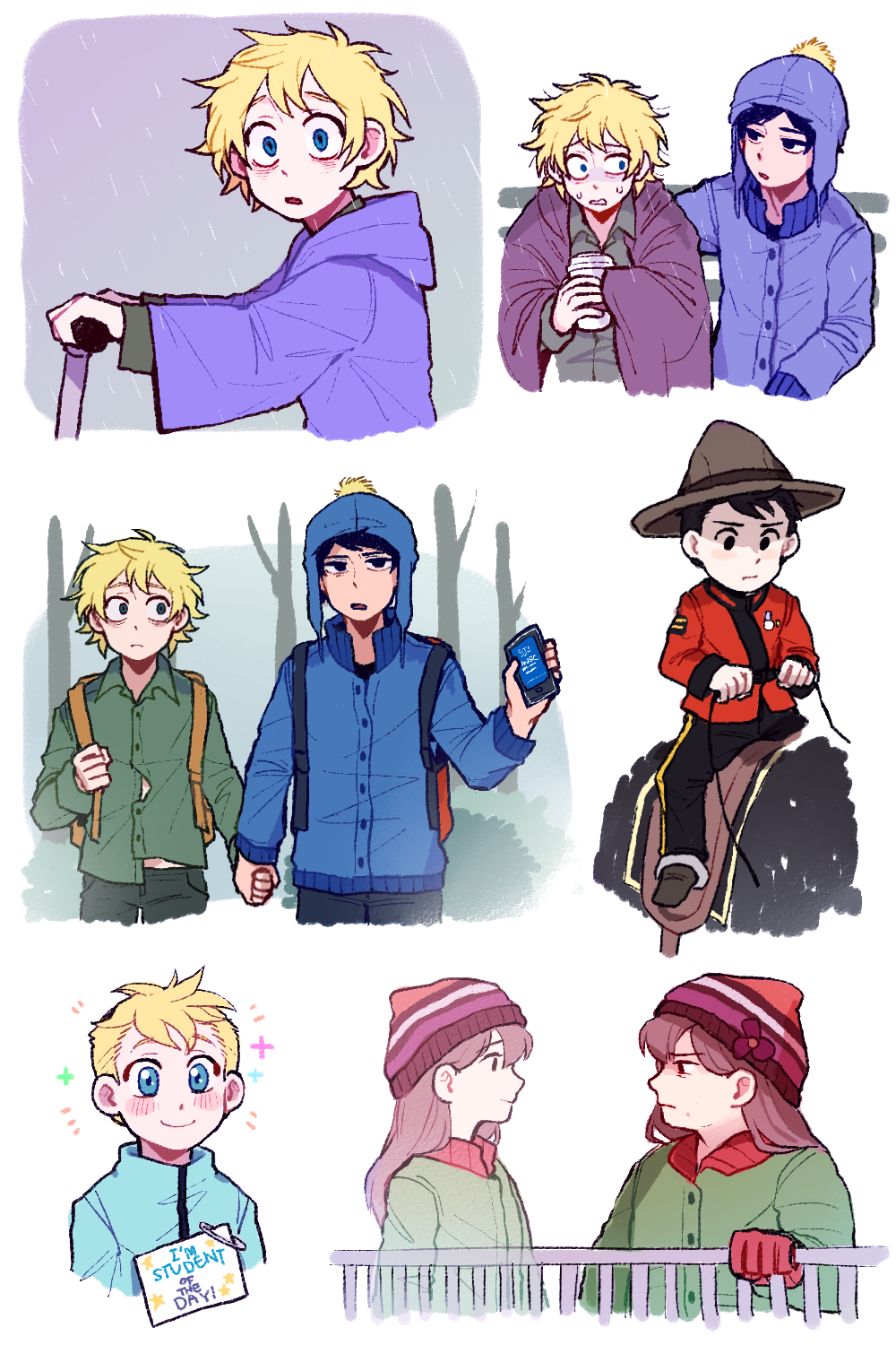 2girls, 4boys, animification, black_eyes, black_hair, blonde_hair, blue_eyes, blue_headwear, blue_jacket, blush, brown_hair, butters_stotch, cellphone, child, collared_shirt, craig_tucker, gloves, gummybear2379, hat, heidi_turner, highres, holding, holding_hands, holding_phone, ike_broflovski, jacket, multiple_boys, multiple_girls, phone, raincoat, red_gloves, shirt, smartphone, smile, south_park, tweek_tweak, yaoi