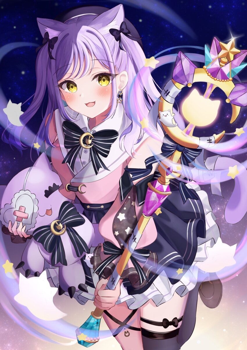 1girl, :3, animal_ears, asymmetrical_legwear, bandaid, black_bow, black_skirt, black_thighhighs