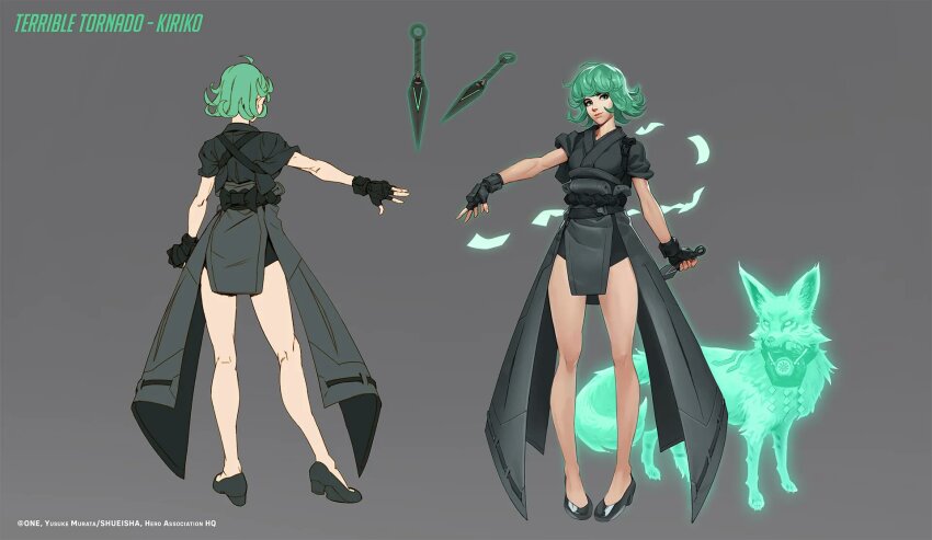 1girl, black_gloves, cosplay, fingerless_gloves, full_body, gloves, green_hair, high_heels