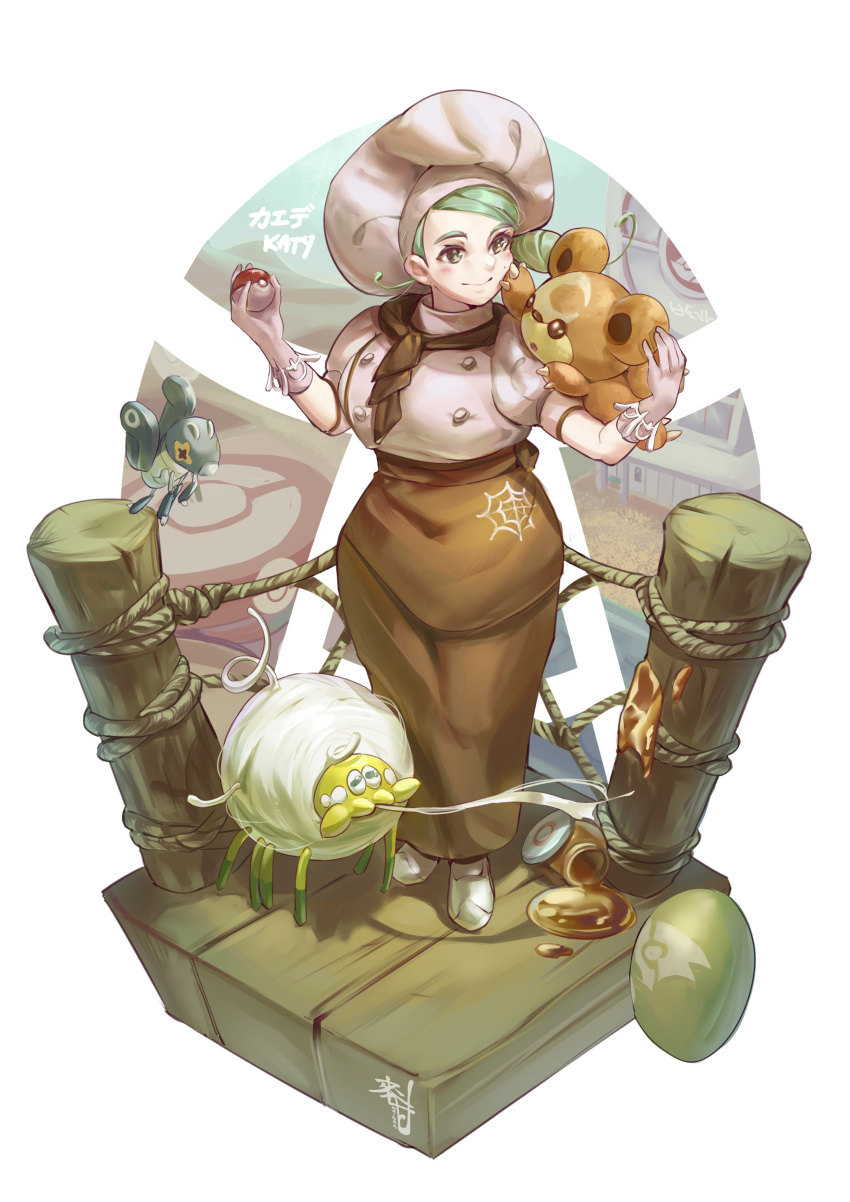 1girl, absurdres, ascot, border, brown_ascot, brown_skirt, buttons, character_name