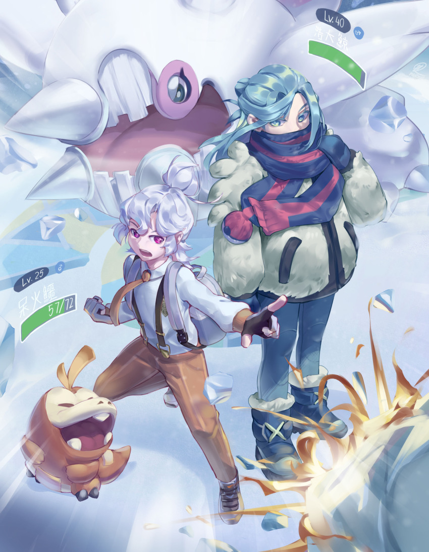 2boys, absurdres, alternate_eye_color, alternate_hair_color, backpack, bag, blue_mittens, boots