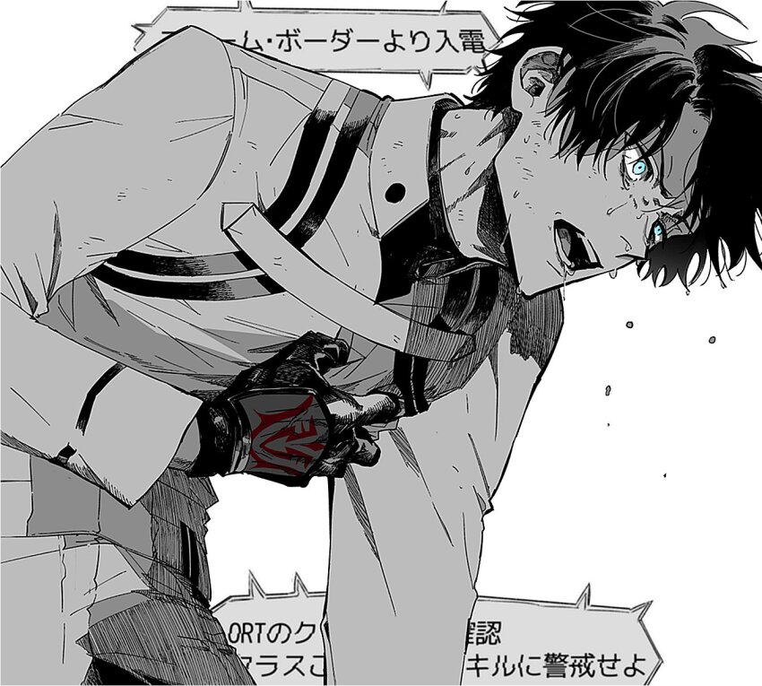 1boy, black_gloves, black_hair, blue_eyes, command_spell, exhausted, fate/grand_order, fate_(series), fujimaru_ritsuka_(male), fujimaru_ritsuka_(male)_(decisive_battle_chaldea_uniform), gloves, hand_on_own_chest, highres, maripaka, open_mouth, simple_background, solo, sweat, translation_request, upper_body, white_background