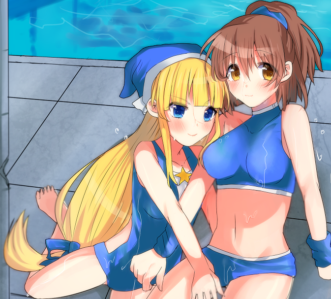 2girls, arle_nadja, arm_warmers, barefoot, bikini, blonde_hair, blue_bikini, blue_eyes