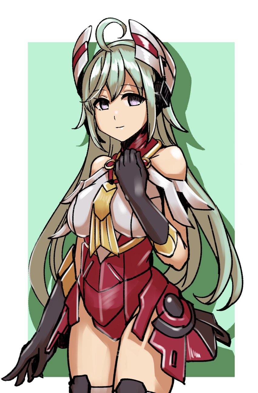 1girl, absurdres, ahoge, azure_striker_gunvolt, bare_shoulders, black_gloves, breasts, clenched_hand