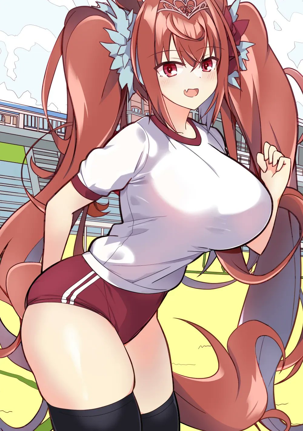 1girl, black_thighhighs, blue_scrunchie, blush, breasts, brown_hair, buruma, chopsticks, collarbone, commentary, cowboy_shot, daiwa_scarlet_(umamusume), day, double_vertical_stripe, fang, gym_shirt, gym_uniform, hair_intakes, hair_ornament, hair_scrunchie, highres, horse_girl, horse_racing_track, horse_tail, large_breasts, leaning_forward, long_hair, looking_at_viewer, open_mouth, outdoors, red_buruma, red_eyes, scrunchie, shirt, short_sleeves, skin_fang, skindentation, smile, solo, standing, t-shirt, tail, thick_thighs, thighhighs, thighs, tiara, tracen_training_uniform, twintails, umamusume, upper_body, very_long_hair, wahiko_(black_bastard), white_shirt