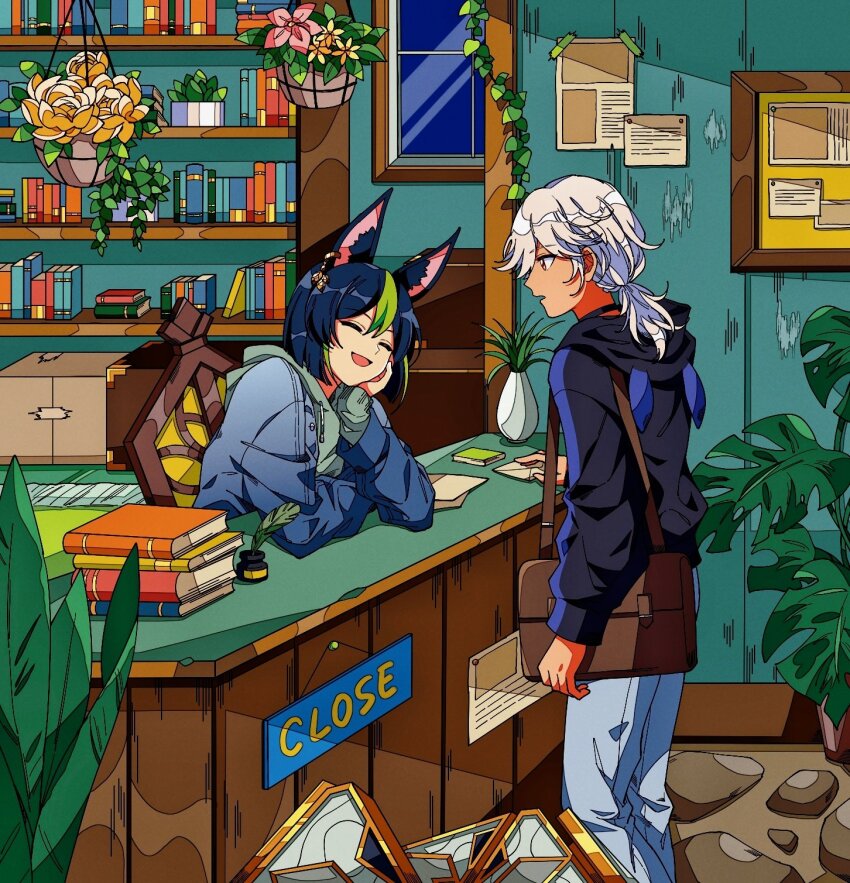 2boys, animal_ears, black_hair, blush, book, closed_eyes, cyno_(genshin_impact), dark-skinned_male, dark_skin, facing_another, flower, fox_boy, fox_ears, genshin_impact, green_hair, hanging_flower, hanging_plant, highres, library, looking_at_another, male_focus, multicolored_hair, multiple_boys, open_mouth, plant, red_eyes, secretmirage, short_hair, slice_of_life, smile, tighnari_(genshin_impact), white_hair