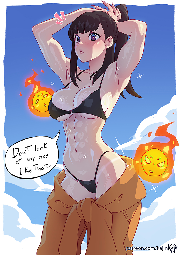 1girl, abs, adjusting_hair, armpits, arms_up, bikini, bikini_tan, black_bikini, black_hair, blue_sky, breasts, closed_mouth, cloud, collarbone, commentary, day, en'en_no_shouboutai, english_commentary, english_text, fireball, high_ponytail, kajin_(kajinman), large_breasts, light_frown, long_hair, looking_at_viewer, maki_oze, muscle_conscious, navel, o-ring, o-ring_bikini, o-ring_top, outdoors, patreon_username, ponytail, sky, sparkle, standing, strap_gap, sweat, swimsuit, tan, tanline, thighs, underboob, watermark, web_address
