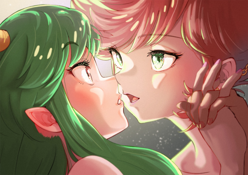 2girls, arakan, benten_(urusei_yatsura), close-up, commentary_request, cone_horns, eye_contact, eyelashes