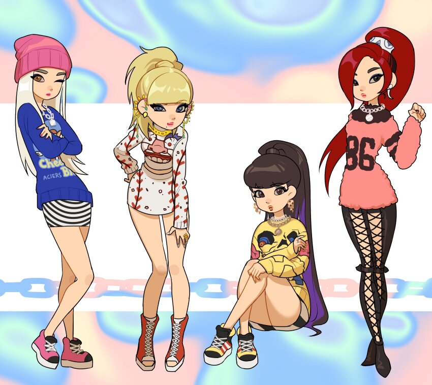 2ne1, 4girls, absurdres, adidas, animification, beanie, black_footwear, black_hair, black_pants, blue_eyes, blue_eyeshadow, brown_eyes, chain, cl_(rapper), clothing_cutout, crossed_arms, earrings, everyone, eyeshadow, gold_chain, hair_behind_ear, hat, highres, jewelry, jui_(dirtybigrat), k-pop, korean_commentary, leaning_forward, leaning_ofrward, long_hair, makeup, minzy_(singer), multicolored_hair, multiple_girls, necklace, one_eye_closed, pants, park_bom, pink_headwear, pink_lips, pink_shoes, pink_sweater, ponytail, purple_hair, real_life, red_footwear, sandara_park, shoes, skirt, sneakers, streaked_hair, striped_clothes, striped_skirt, sweater, white_hair, white_skirt, white_sweater, yellow_shoes