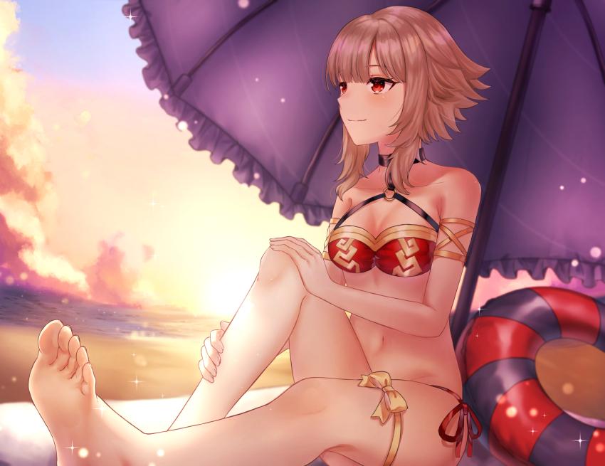 1girl, bare_shoulders, barefoot, beach, beach_umbrella, bikini, breasts, commission, fire_emblem, fire_emblem_heroes, grey_hair, highres, innertube, navel, nei_(aduma1120ponpon), nintendo, ocean, official_alternate_hairstyle, red_bikini, red_eyes, short_hair, skeb_commission, small_breasts, smile, solo, swim_ring, swimsuit, umbrella, veronica_(fire_emblem), veronica_(princess_rising)_(fire_emblem)