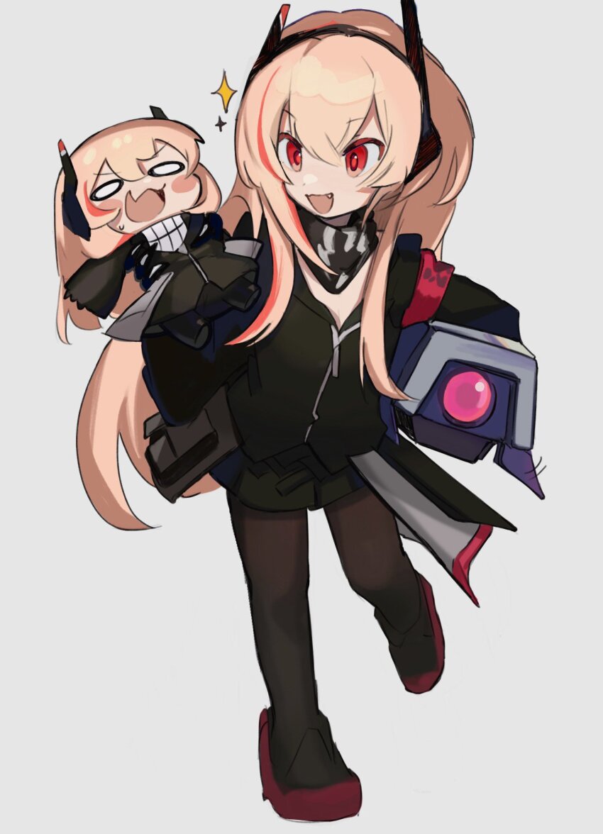 2girls, :d, armband, black_jacket, black_skirt, blank_eyes, blonde_hair, blush_stickers