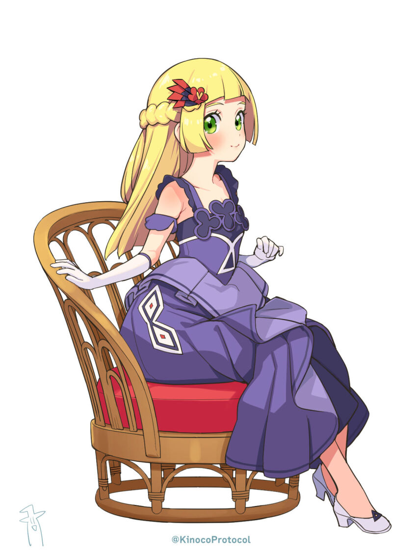 1girl, blonde_hair, blunt_bangs, blush, braid, chair, clenched_hand, closed_mouth
