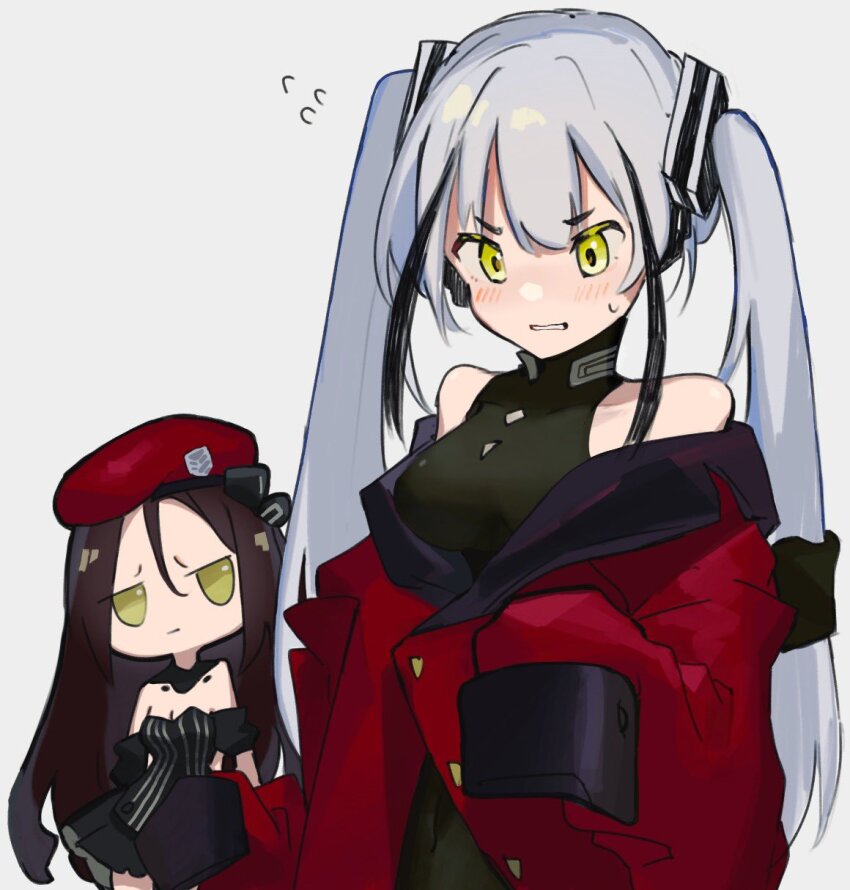 2girls, bare_shoulders, beret, black_dress, blush, brown_hair, chesed_(uporyz), chibi, commentary_request, destroyer_(girls'_frontline), dreamer_(girls'_frontline), dress, embarrassed, girls'_frontline, green_eyes, grey_background, grey_hair, griffin_&amp;_kryuger_military_uniform, hat, highres, jacket, long_sleeves, looking_down, multiple_girls, off_shoulder, red_headwear, red_jacket, sangvis_ferri, simple_background, sleeves_past_wrists, sweat, twintails