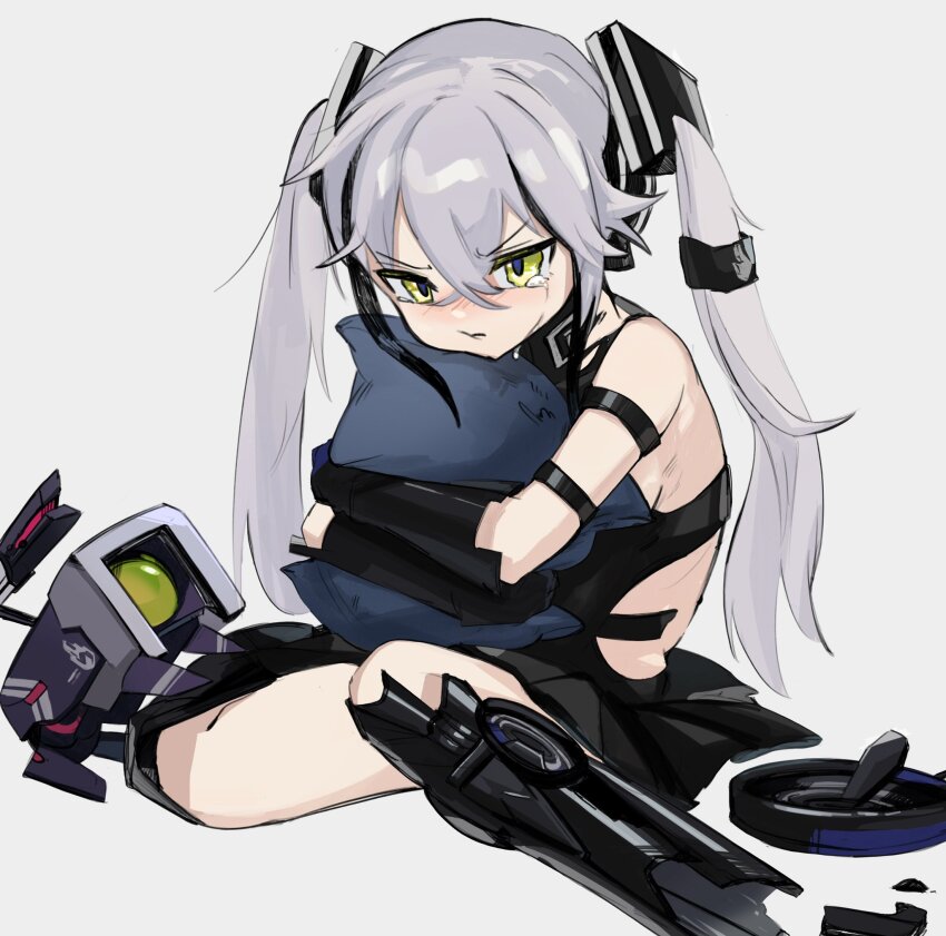 1girl, annoyed, bare_shoulders, black_dress, blush, chesed_(uporyz), commentary_request, crying, damaged, destroyer_(girls'_frontline), dinergate_(girls'_frontline), dress, full_body, girls'_frontline, green_eyes, grey_background, grey_hair, hair_between_eyes, hair_ornament, highres, mechanical_legs, hugging_object, pillow, pillow_hug, pout, sad, sangvis_ferri, simple_background, sitting, solo, tears, twintails