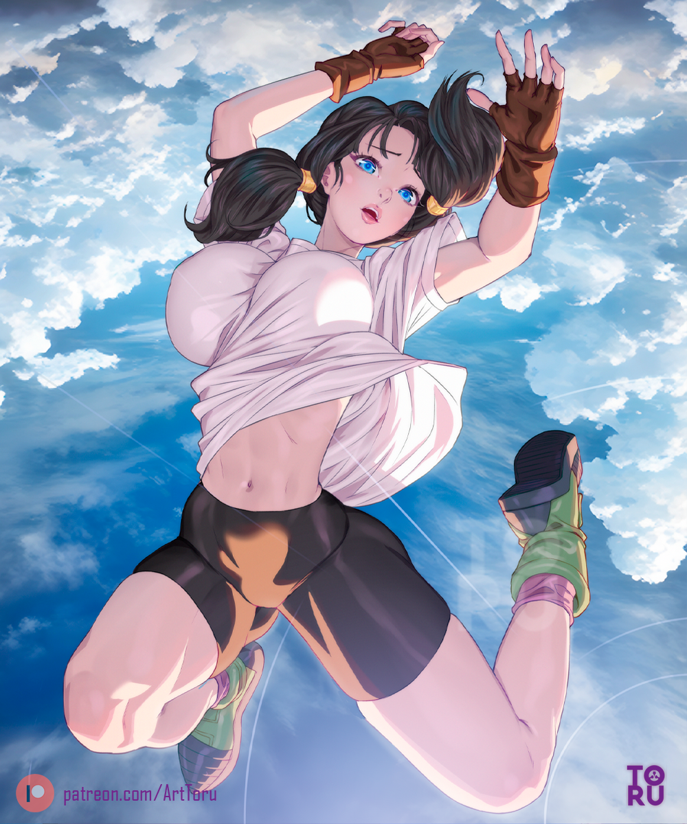 1girl, arms_up, arttoru, bike_shorts, black_boots, black_hair, black_shorts, blue_sky