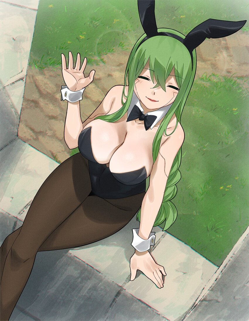 1girl, breasts, cleavage, closed_eyes, colorized, eden's_zero, gaston18, green_hair