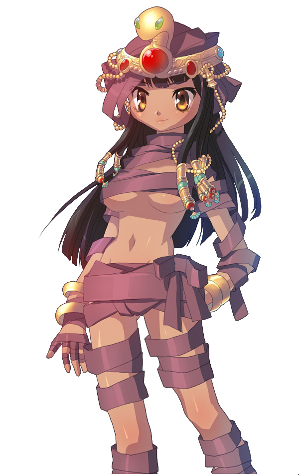 1girl, ancient_mummy, bandages, black_hair, blue_gem, blunt_bangs, blush, breasts, brown_eyes, closed_mouth, commentary_request, crown, dark-skinned_female, dark_skin, feet_out_of_frame, gem, genderswap, genderswap_(mtf), korean_commentary, long_hair, looking_at_viewer, matsuki_ringo, medium_breasts, midriff, mixed-language_commentary, mummy, navel, official_art, ragnarok_online, red_gem, simple_background, smile, solo, tan, underboob, white_background
